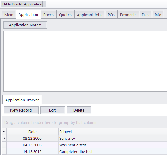 Application Tab of Applicant Window