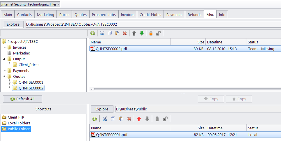 Prospect Folder Example Files Tab of Prospect Window