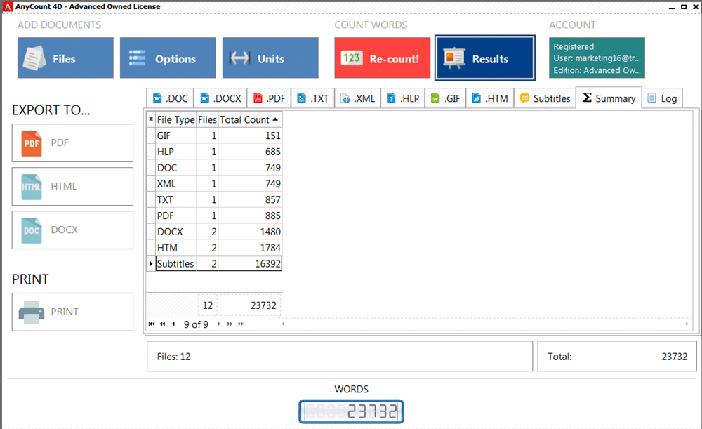 character count in 70 file formats