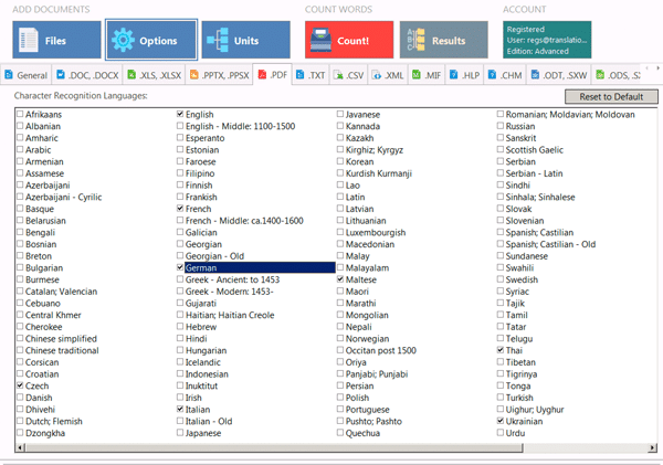 OCR supports 119 languages for word count